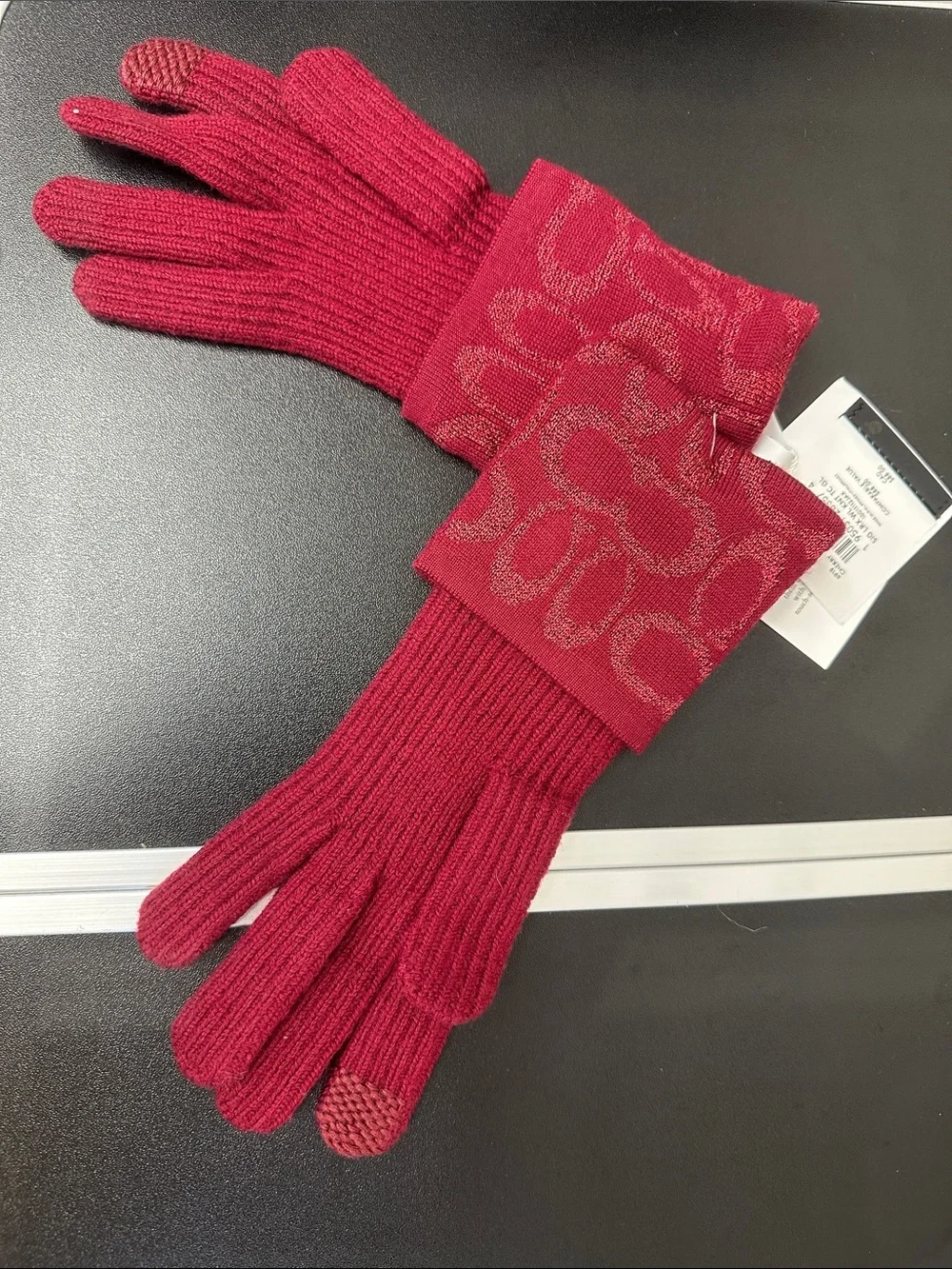 Coach Women's Burgundy Knit Signature Cuff Gloves